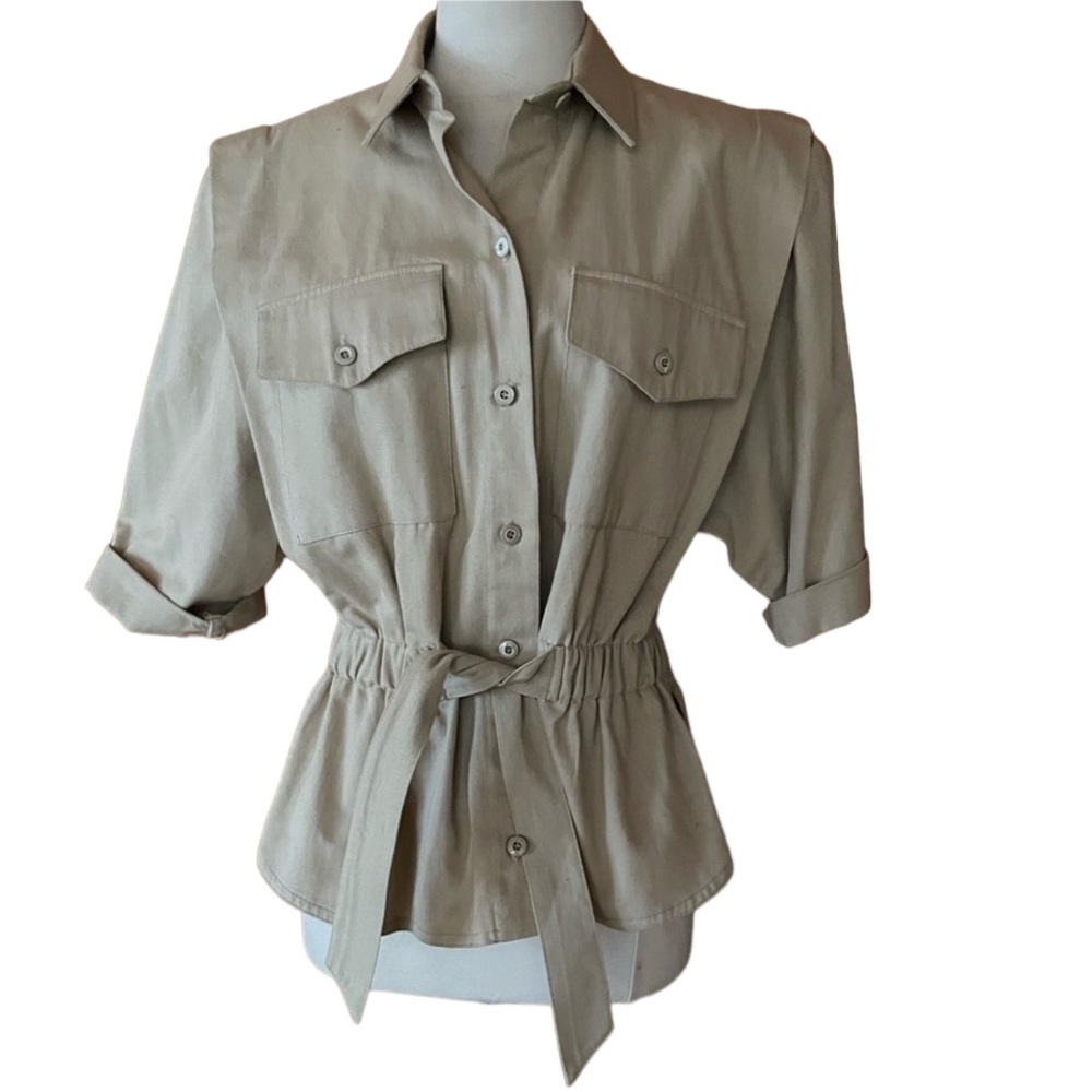 1980s California Girl Light Tan, Button Down, Waist Tie Top